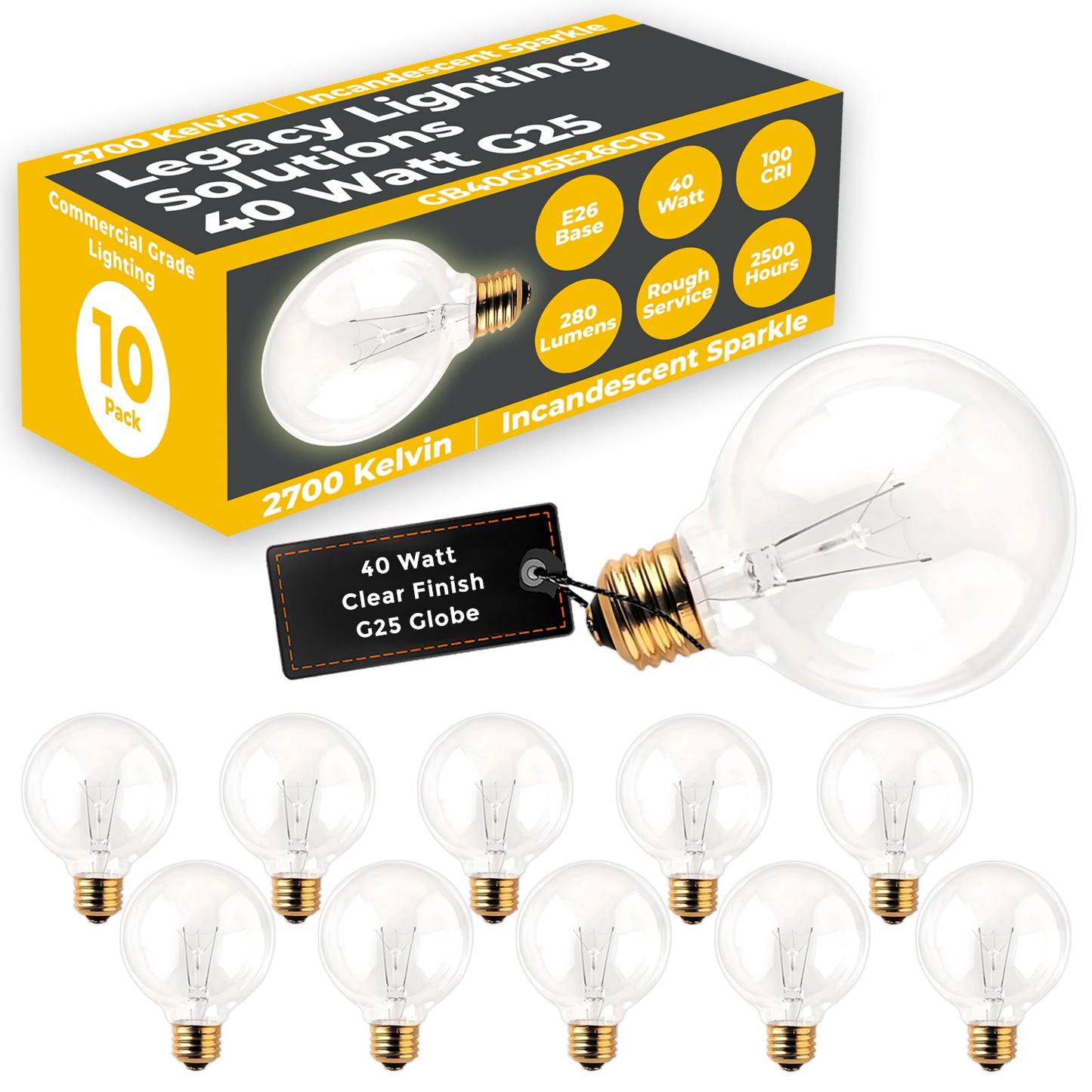 Side view of GB40G25E26C10 G25 40W incandescent clear globe bulb with E26 base
