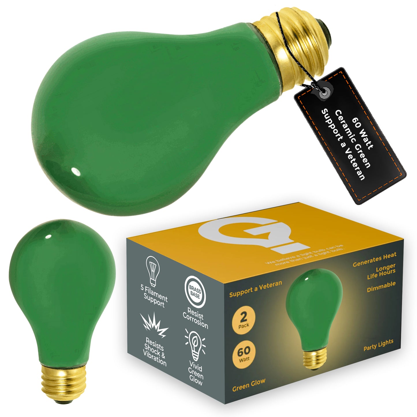 Side view of GB60WA19E26GRN2-Q320 60W green A19 incandescent bulb with medium E26 screw base