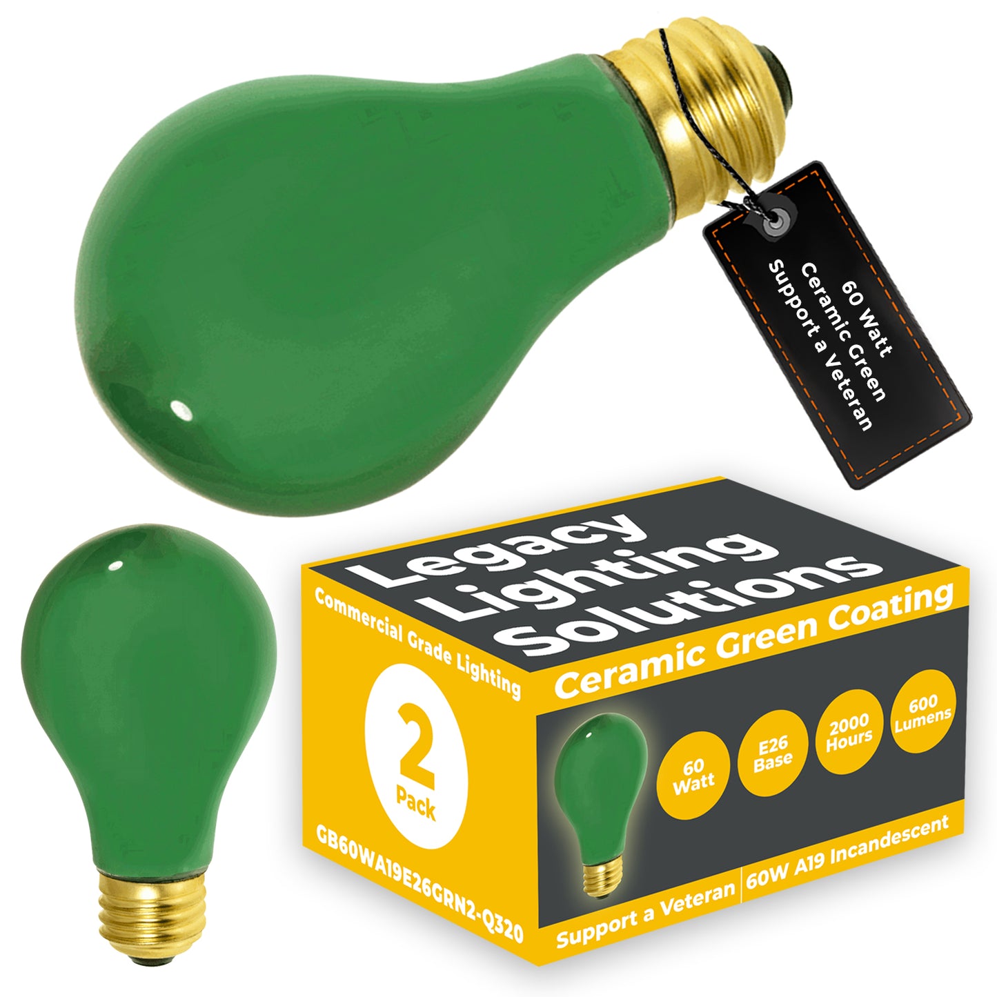 Side view of GB60WA19E26GRN2-Q320 60W green A19 incandescent bulb with medium E26 screw base