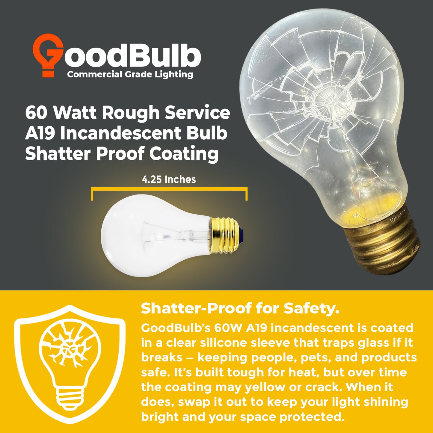 Dimensions of GB60WA19E26SG12 A19 Bulb – 4.4 inches tall, 2.4 inches wide – Standard A19 shape