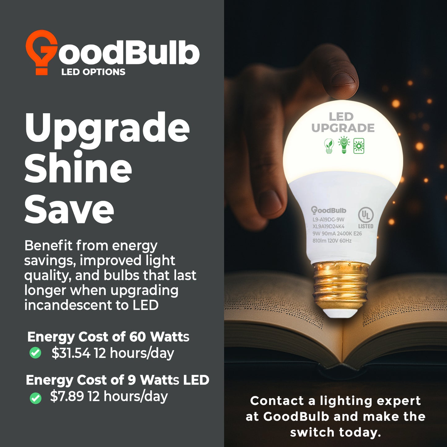 Comparison of GB60WA19E26SG12 incandescent vs LED – Traditional light with classic glow at affordable price