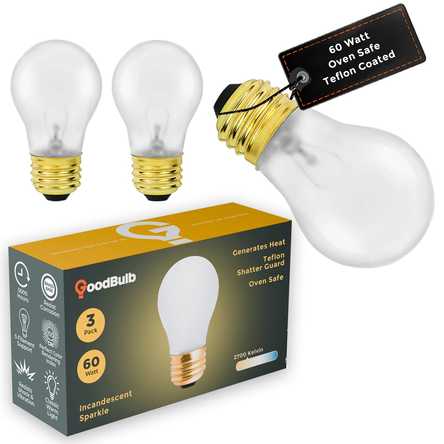 Side view of GB60WA15E26TSG3 60W A15 incandescent bulb with clear finish and medium E26 screw base