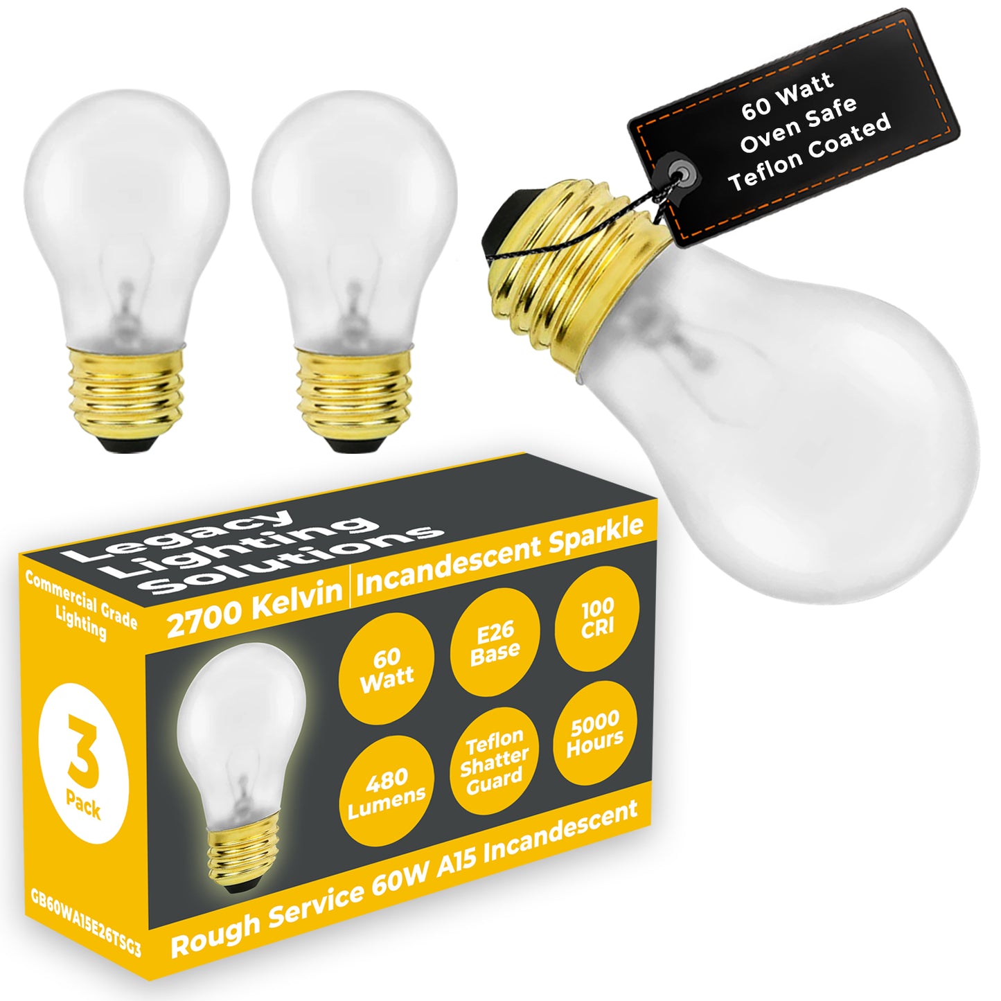 Side view of GB60WA15E26TSG3 60W A15 incandescent bulb with clear finish and medium E26 screw base