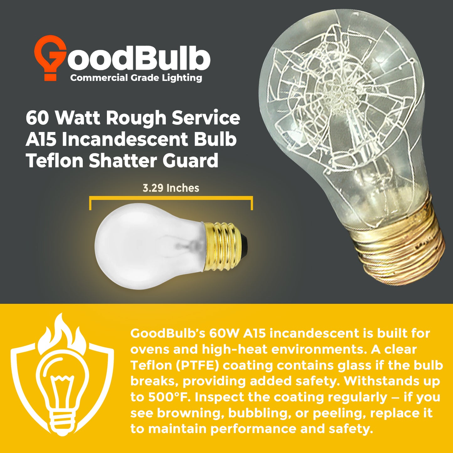 Dimensions of GB60WA15E26TSG3 A15 Bulb – 3.5 inches tall x 1.9 inches wide – Medium E26 base