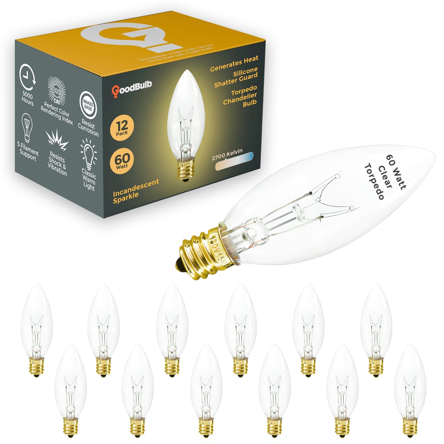 Side view of GB60WE12BTSG12 60W frosted torpedo chandelier bulb with medium E26 screw base