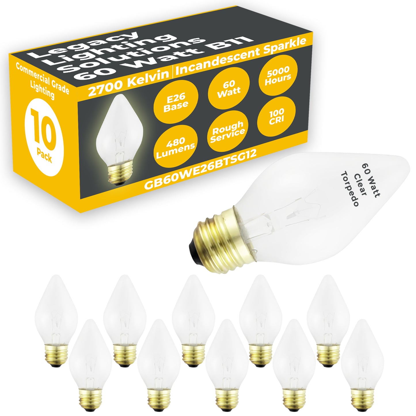 Side view of GB60WE26BTSG12 60W frosted torpedo chandelier bulb with medium E26 screw base