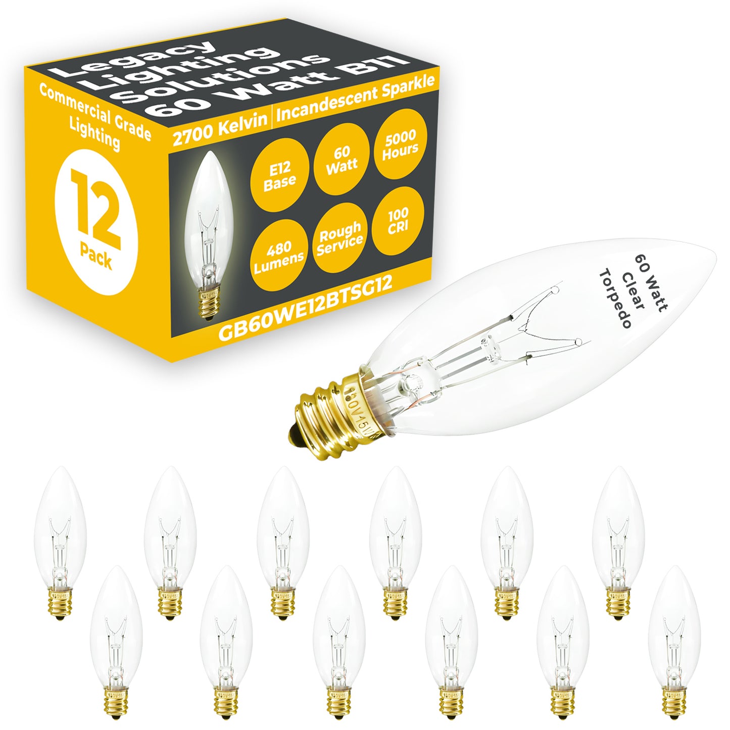 Side view of GB60WE12BTSG12 60W frosted torpedo chandelier bulb with medium E26 screw base