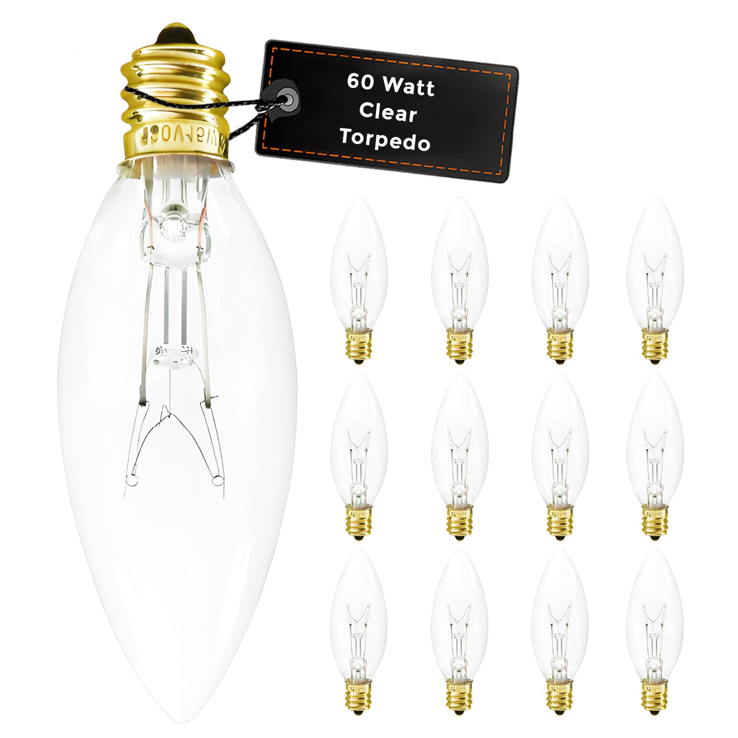 GB60WE12BTSG12 Incandescent Chandelier Bulb ā 60W Frosted Torpedo Shape with Medium E26 Base