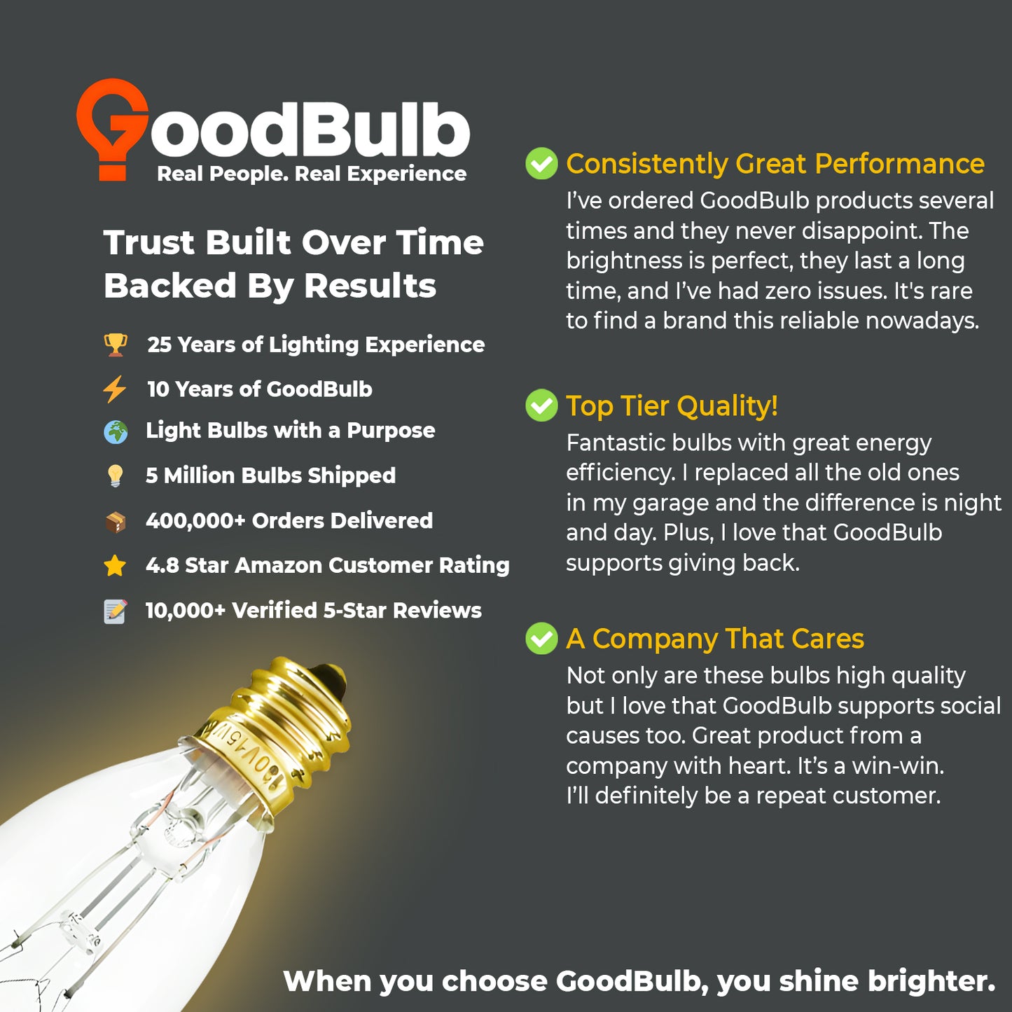 User testimonial highlighting quality and brightness of GB60WE12BTSG12 frosted chandelier bulb