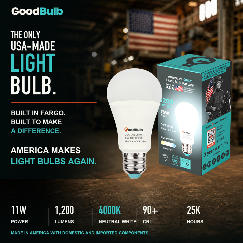Made in America | 75W Equal | 1200 Lumens | LED A19 COOL WHITE 4000K Clean, Neutral White
