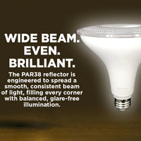 120w HALOGEN UPGRADE - 15 WATT DIMMABLE LED PAR38 - 82 CRI - SUNRISE WARM WHITE - 1250 LUMENS - 3000 KELVIN - ROUGH SERVICE - 25,000 HOURS & 3 YEAR