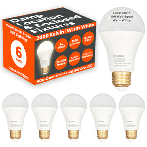 100 WATT REPLACEMENT – 14 WATT ROUGH SERVICE LED A19 – WARM WHITE – 1600 LUMENS – 3000 KELVIN – NON DIMMABLE - 25,000 HOURS - 5 YEAR WARRANTY
