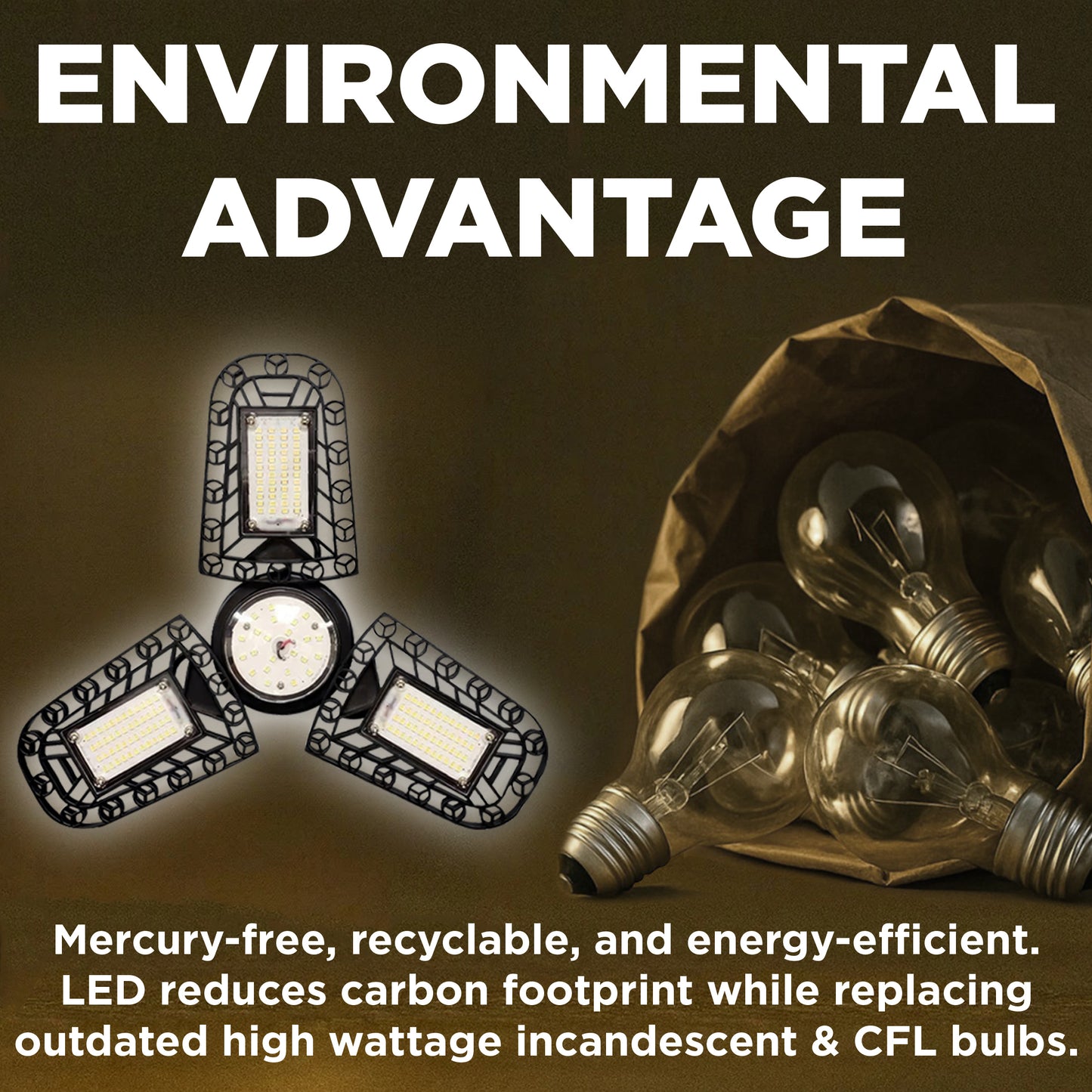 60W Tri-Fold LED Garage Light | E26 Base | Full Spectrum - 6000K | 8000 Lumens | 1 Pack