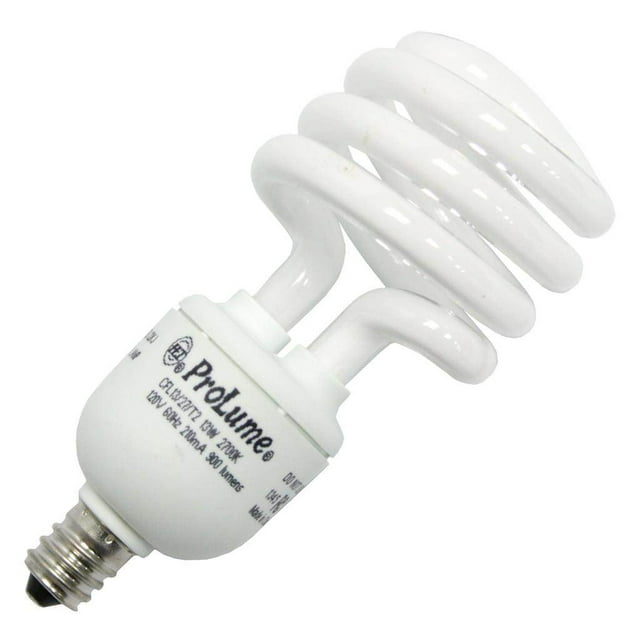 13W CFL T2 Spiral Bulb – 2700K Warm White, 900 Lumens, E12 Candelabra Base, 120V