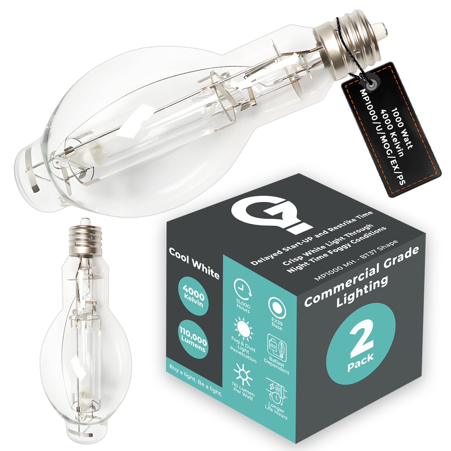 Side view of MP1000/U/MOG/EX/PS clear metal halide bulb showing mogul base and arc tube design for maximum brightness