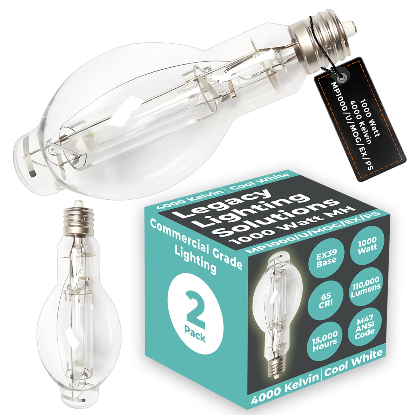 Side view of MP1000/U/MOG/EX/PS clear metal halide bulb showing mogul base and arc tube design for maximum brightness