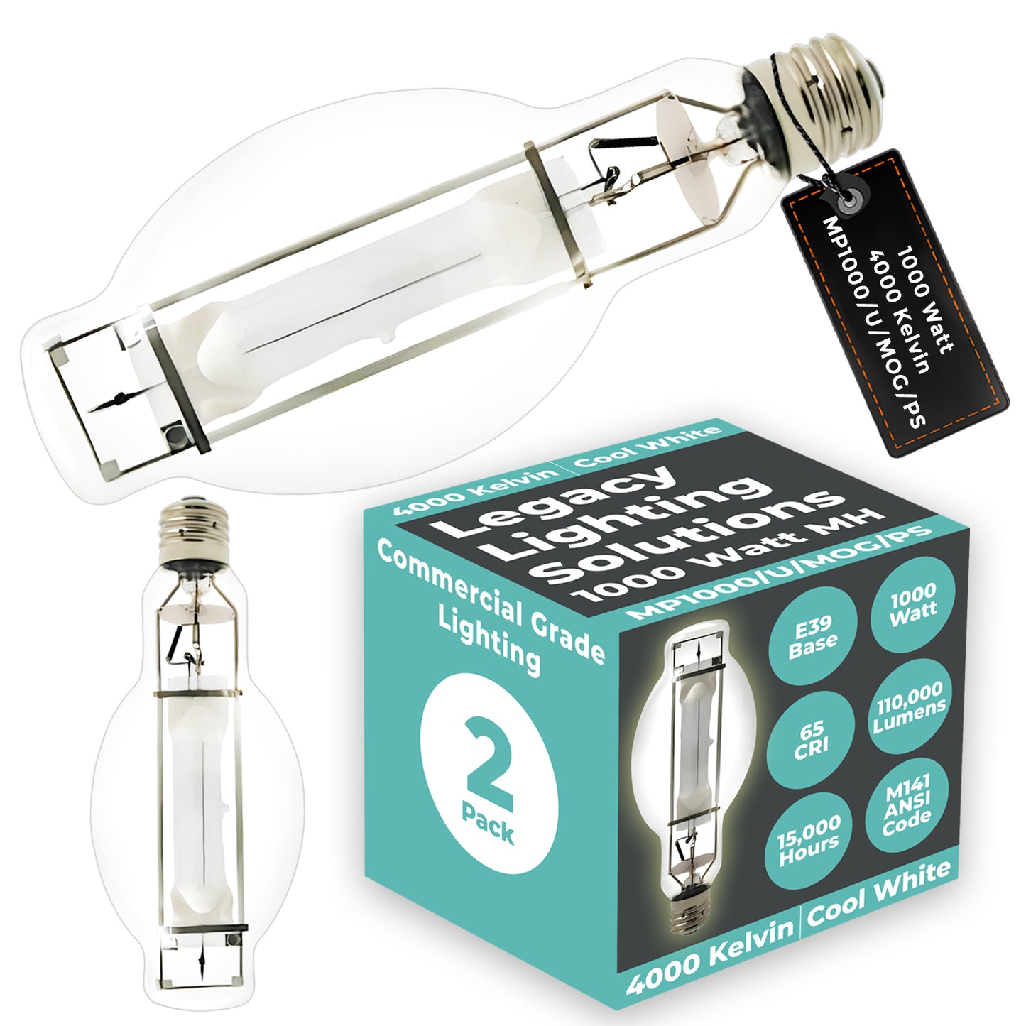 Side view of MP1000/U/MOG/PS clear metal halide bulb showing mogul screw base and high-output arc tube