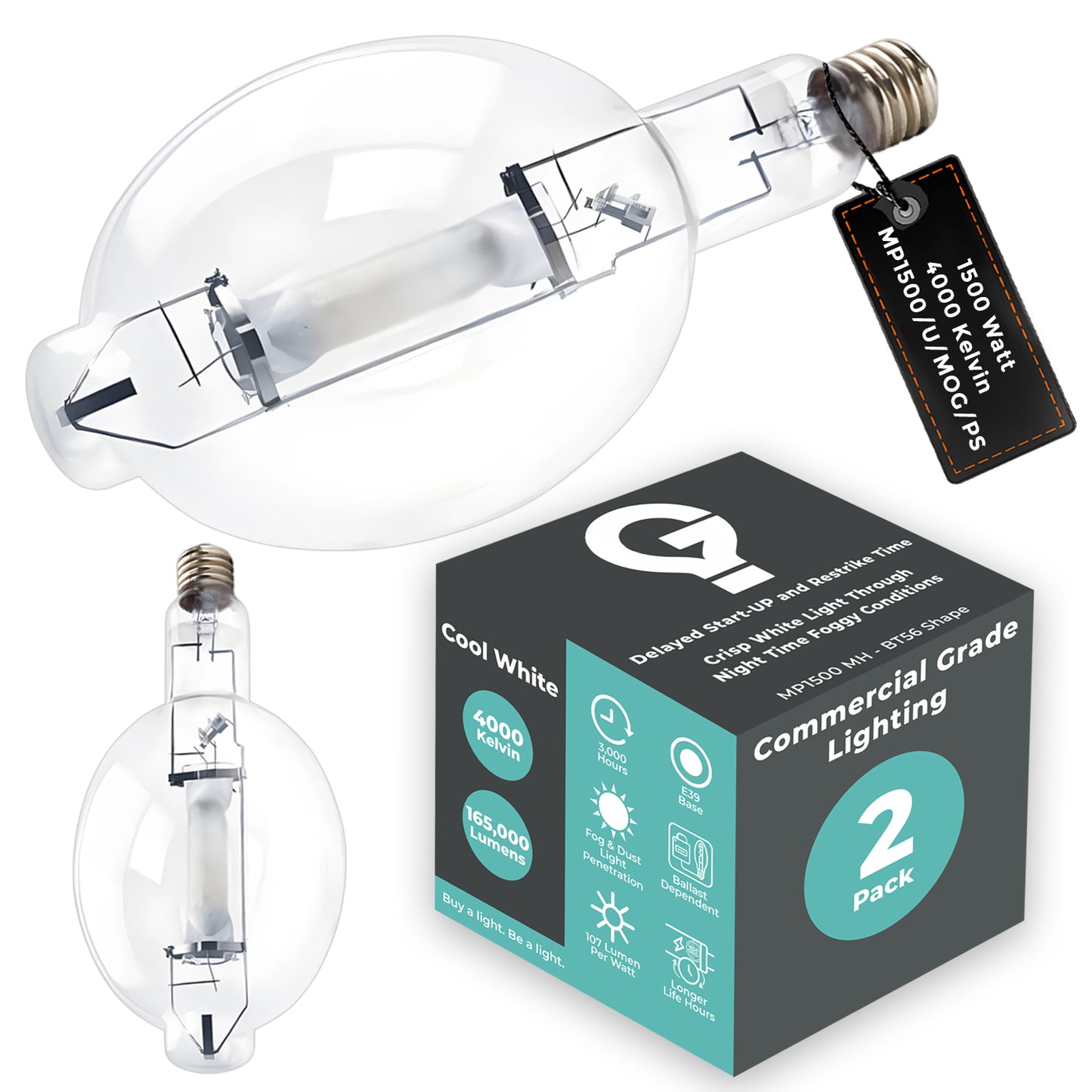 Side profile of MP1500/U/MOG/PS clear metal halide bulb showing mogul base and arc tube design for maximum brightness