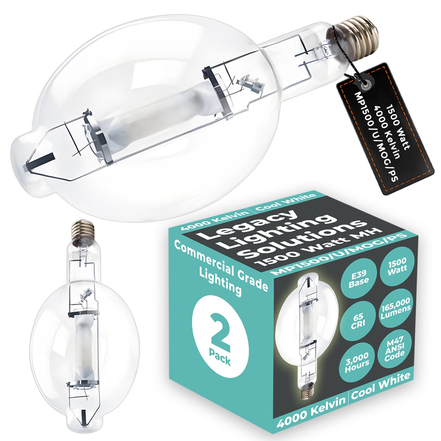 Side profile of MP1500/U/MOG/PS clear metal halide bulb showing mogul base and arc tube design for maximum brightness