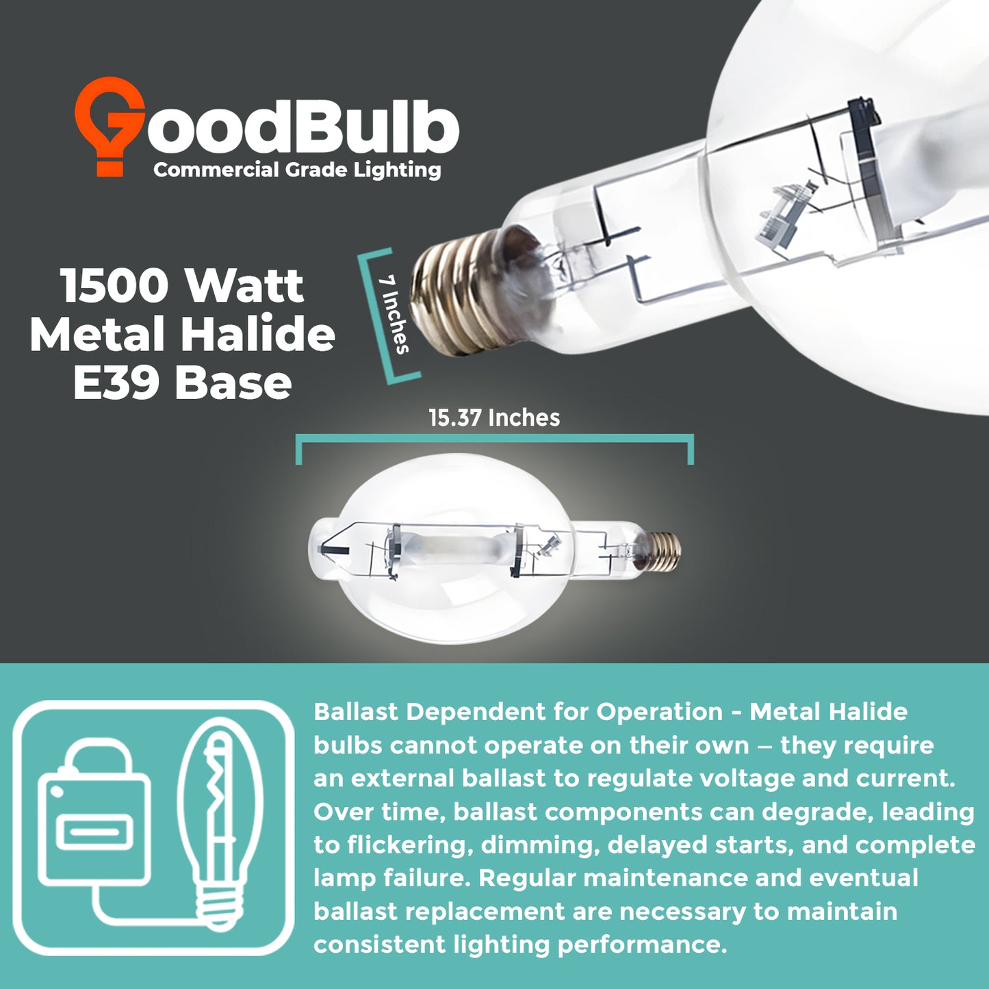 MP1500/U/MOG/PS metal halide lamp dimensions diagram with length and diameter measurements