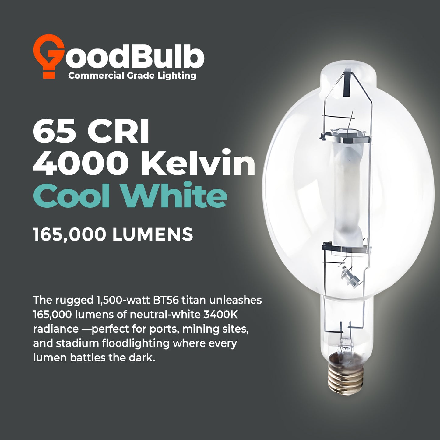 4000K bright white light output of MP1500/U/MOG/PS metal halide lamp for crisp industrial and sports lighting