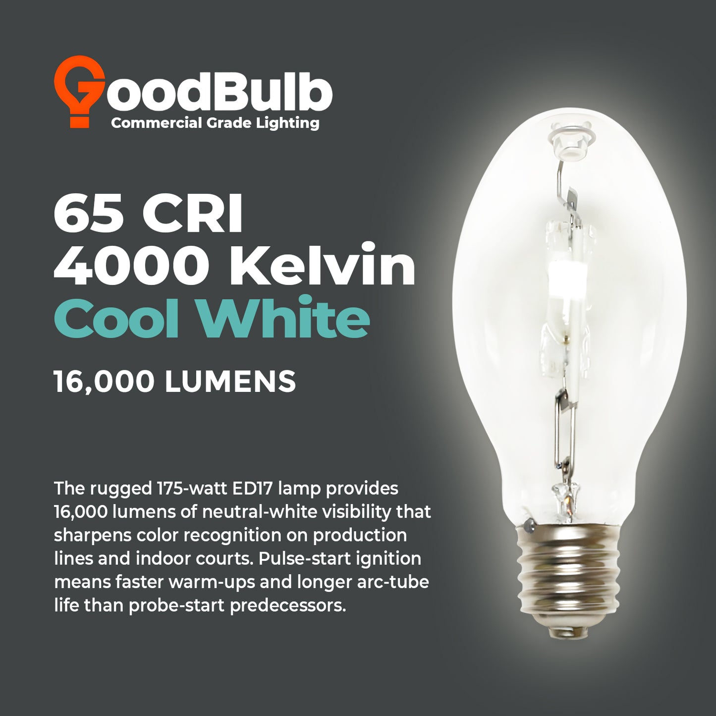 4000K bright white light color temperature of MP175/U/MOG/PS metal halide lamp for crisp visibility