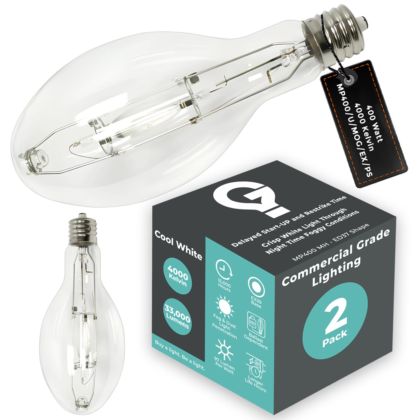 Side view of MP400/U/MOG/EX/PS enclosed-rated metal halide bulb showing ED37 clear glass and mogul screw base