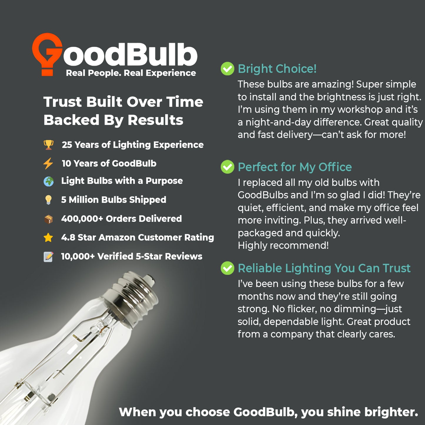 Positive testimonial for MP400/U/MOG/EX/PS enclosed-rated metal halide bulb praising energy efficiency and durability