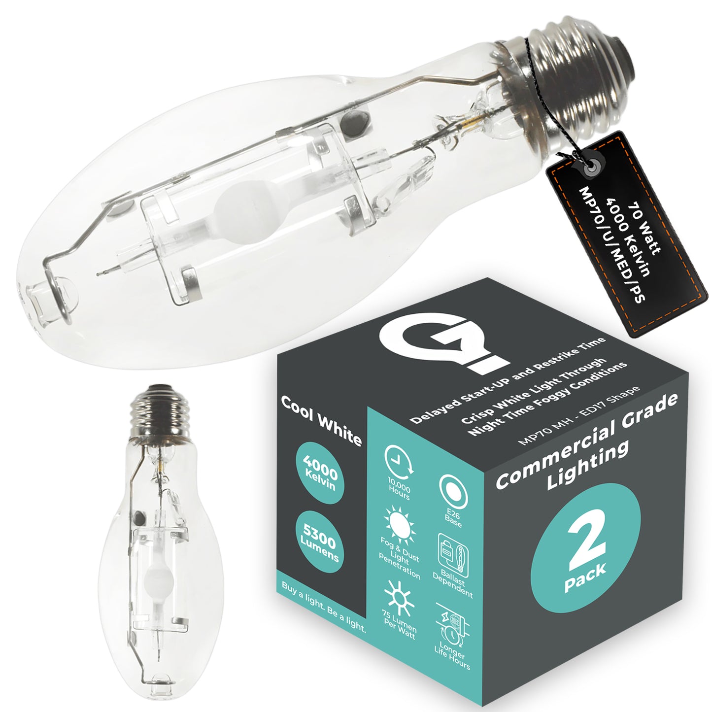Side view of MP70/U/MED/PS metal halide HID bulb showing compact ED17 shape and medium screw base