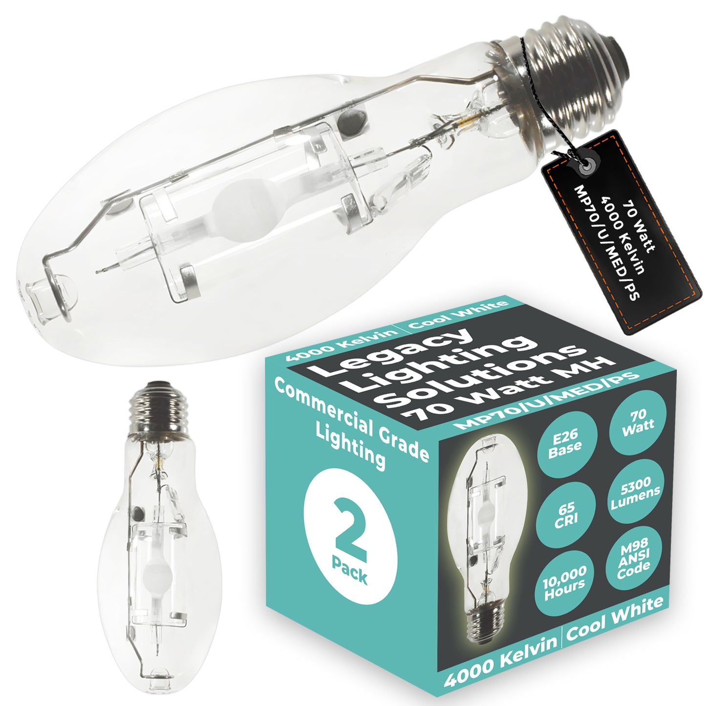 Side view of MP70/U/MED/PS metal halide HID bulb showing compact ED17 shape and medium screw base