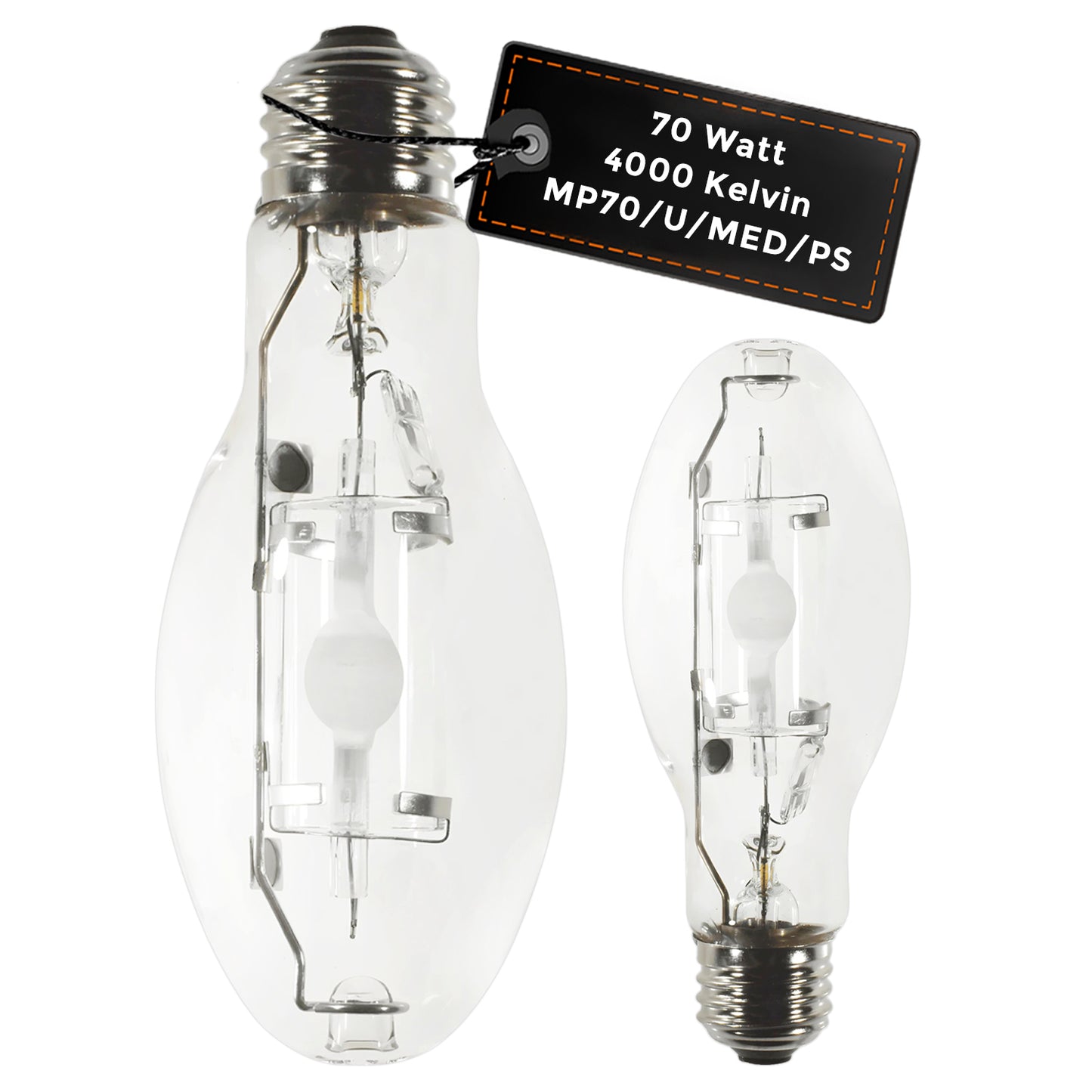 MP70/U/MED/PS 70-watt metal halide HID lamp with medium E26 base and clear finish for bright white light