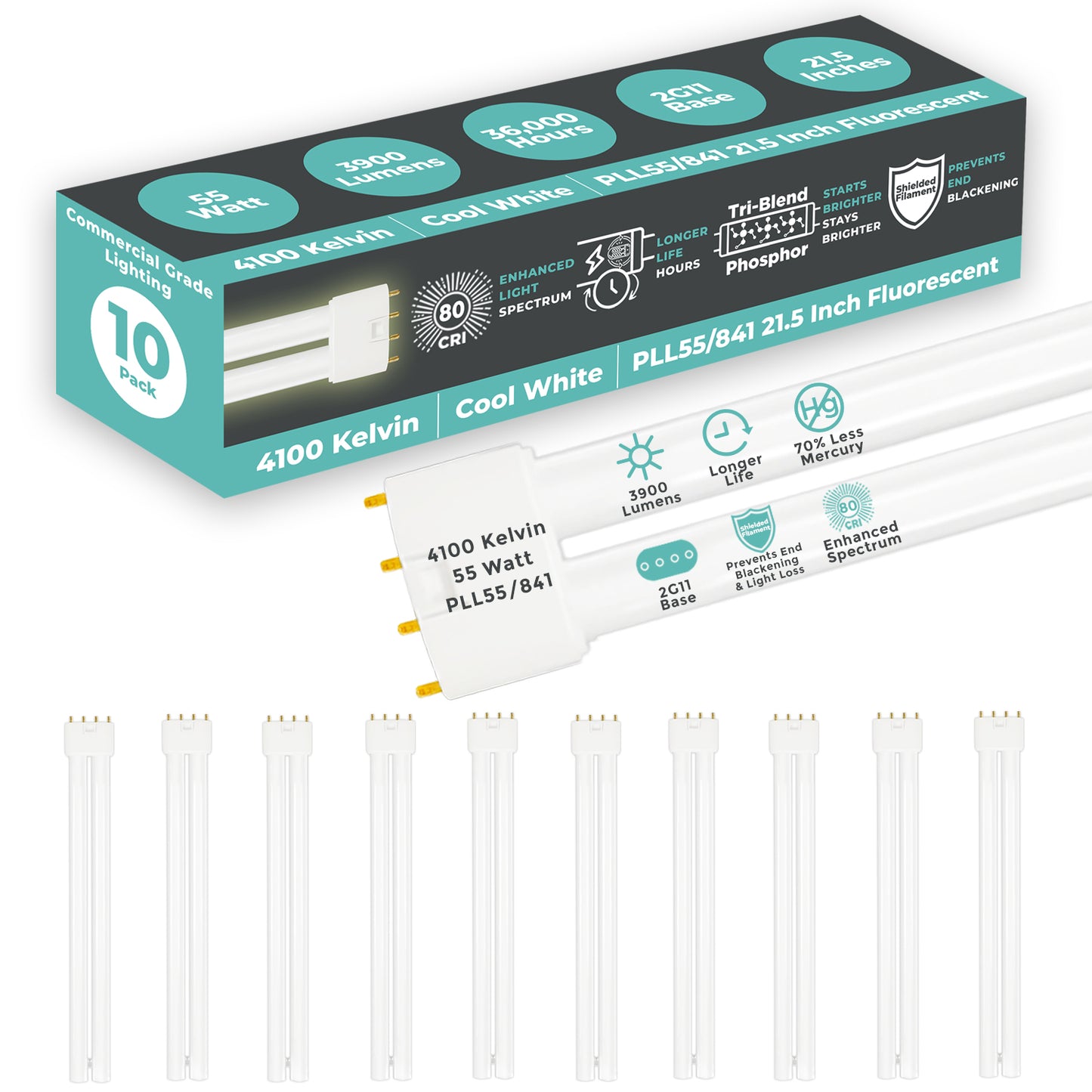 55W PLL55/841 Twin Tube CFL Bulb – Energy-Efficient 4100K Cool White Compact Fluorescent Lamp with 4-Pin Base