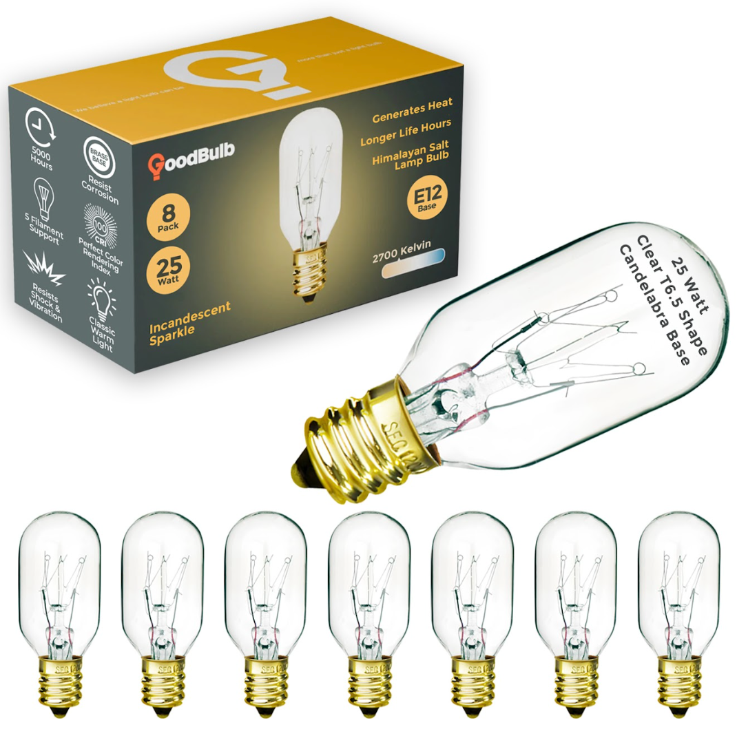 Side view of GB25WT6.5E12CL8 25-watt T6.5 clear E12 bulb for Himalayan salt lamps