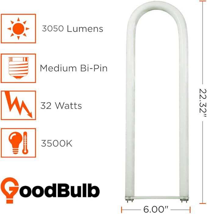 32-Watt 6 Inch T8 Fluorescent U-Bend Light Bulb 3500K Soft White Light Color Medium Bi-Pin Base High Output 3050 Lumens 10000 Life Hours 80 CRI