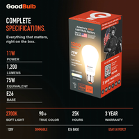 Made in America | 75W Equal | 1200 Lumens | LED A19 SOFT WHITE 2700K True-To-Life Color