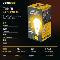 Made in America | 75W Equal | 1200 Lumens | LED A19 WARM WHITE 3000K Warm, With More Light