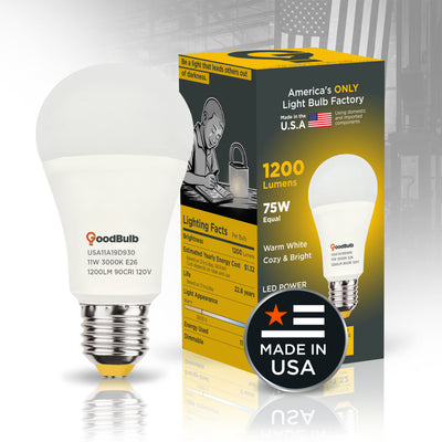 Made in America | 75W Equal | 1200 Lumens | LED A19 WARM WHITE 3000K Warm, With More Light