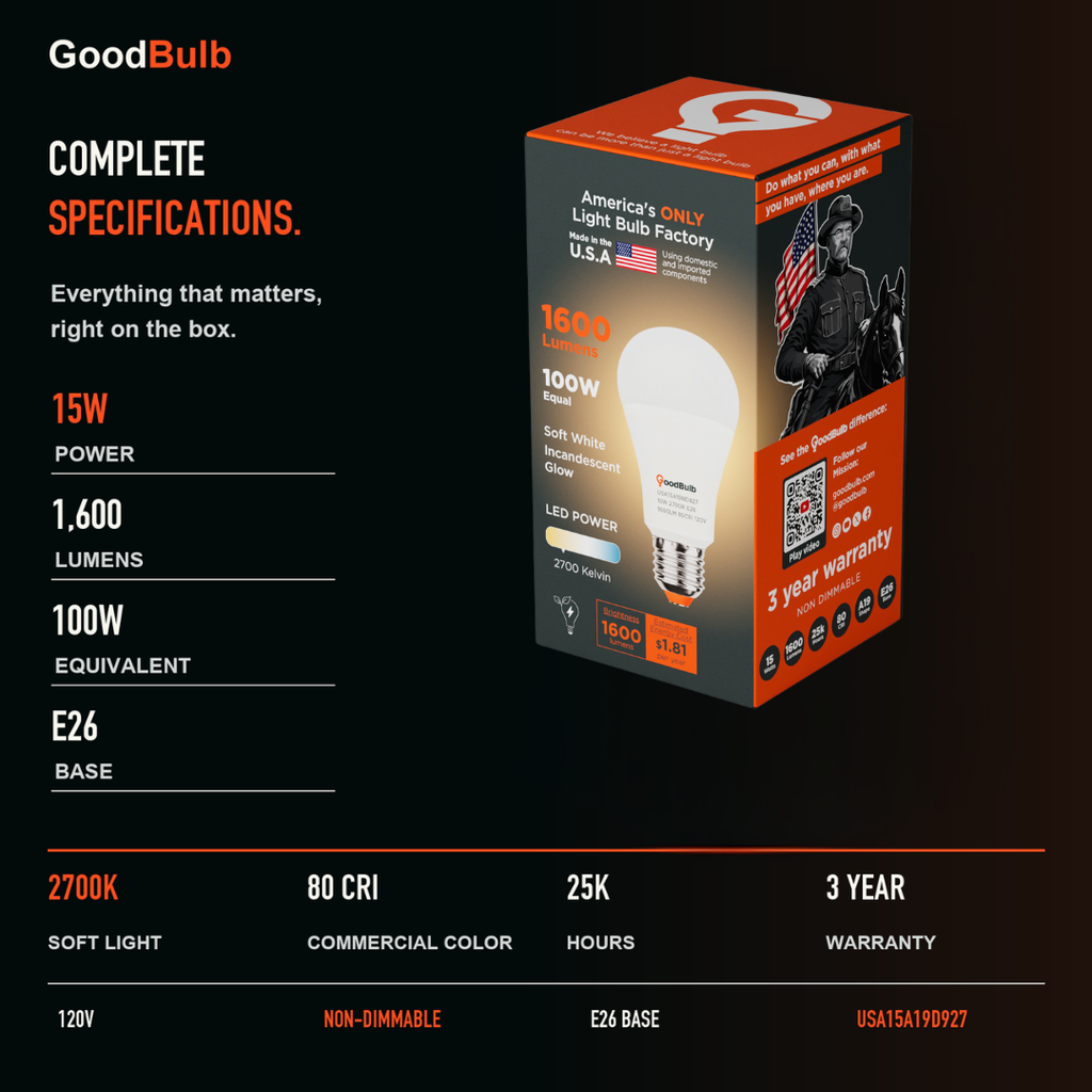 Made in America | 100W Equal | 1600 Lumens | LED A19 SOFT WHITE 2700K True-To-Life Color