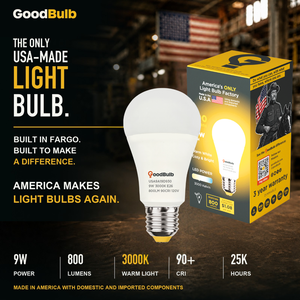 Made in America | 60W Equal | 800 Lumens | LED A19 WARM WHITE 3000K Warm, With More Light