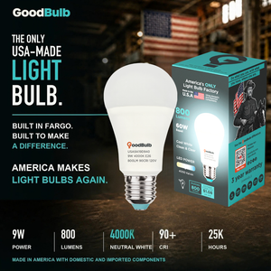 Made in America | 60W Equal | 800 Lumens | LED A19 COOL WHITE 4000K Clean, Neutral White