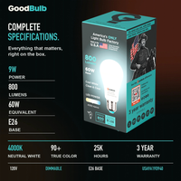 Made in America | 60W Equal | 800 Lumens | LED A19 COOL WHITE 4000K Clean, Neutral White
