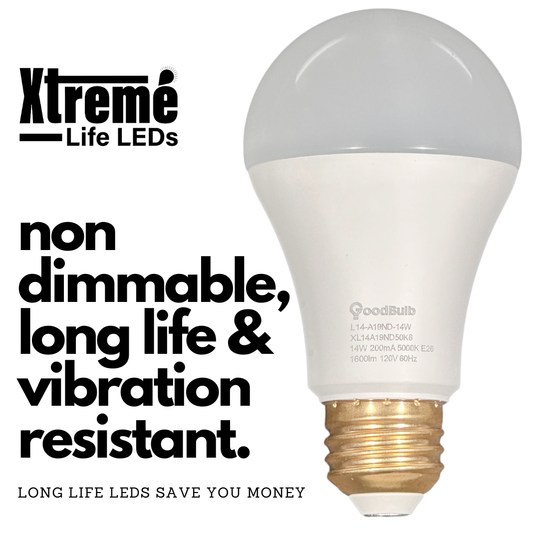 14 watt rough service LED A19 with pure white light illumination. Has a long life and is vibration resistant.