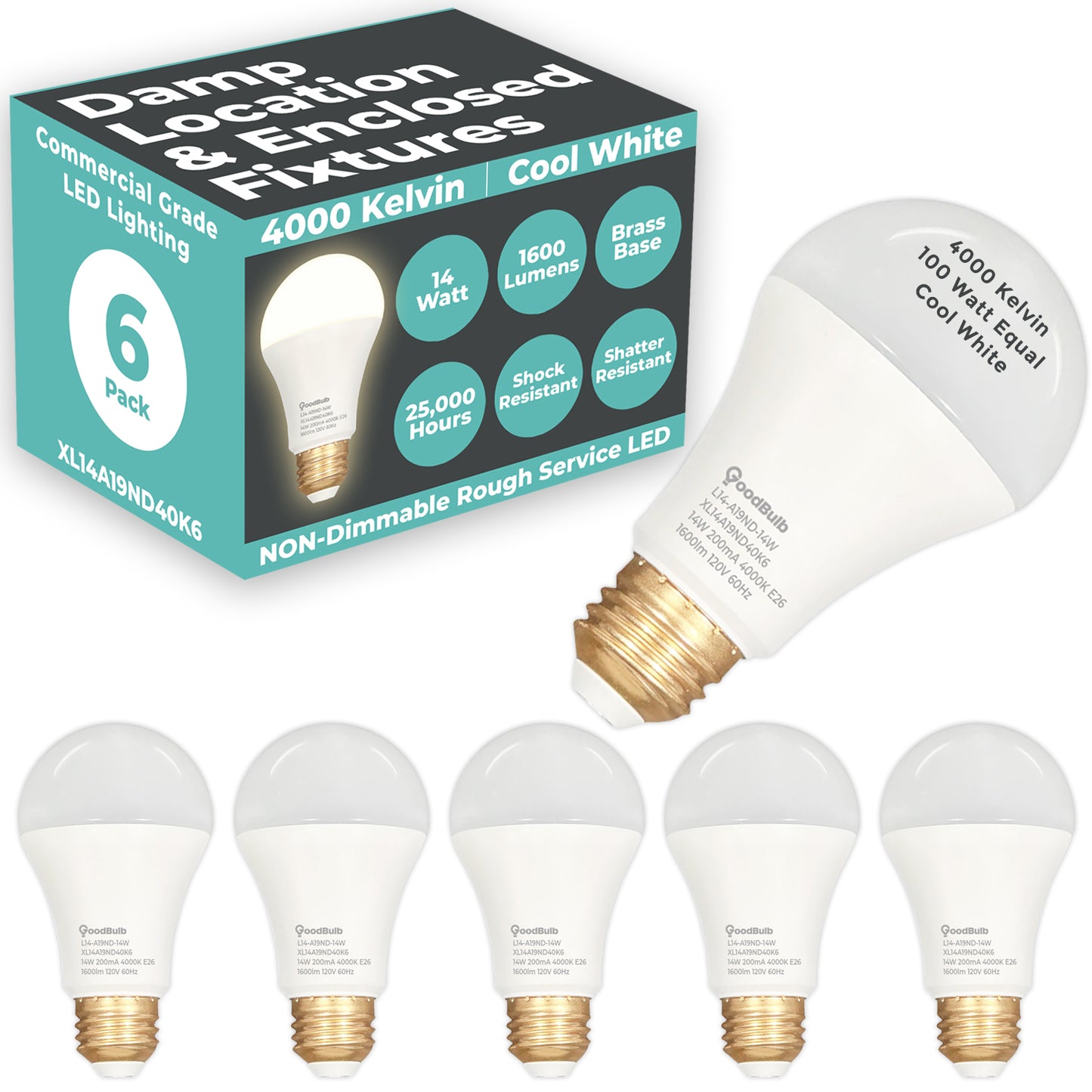 XL14A19ND40K6 A19 LED Light Bulb with Frosted Finish and E26 Medium Base