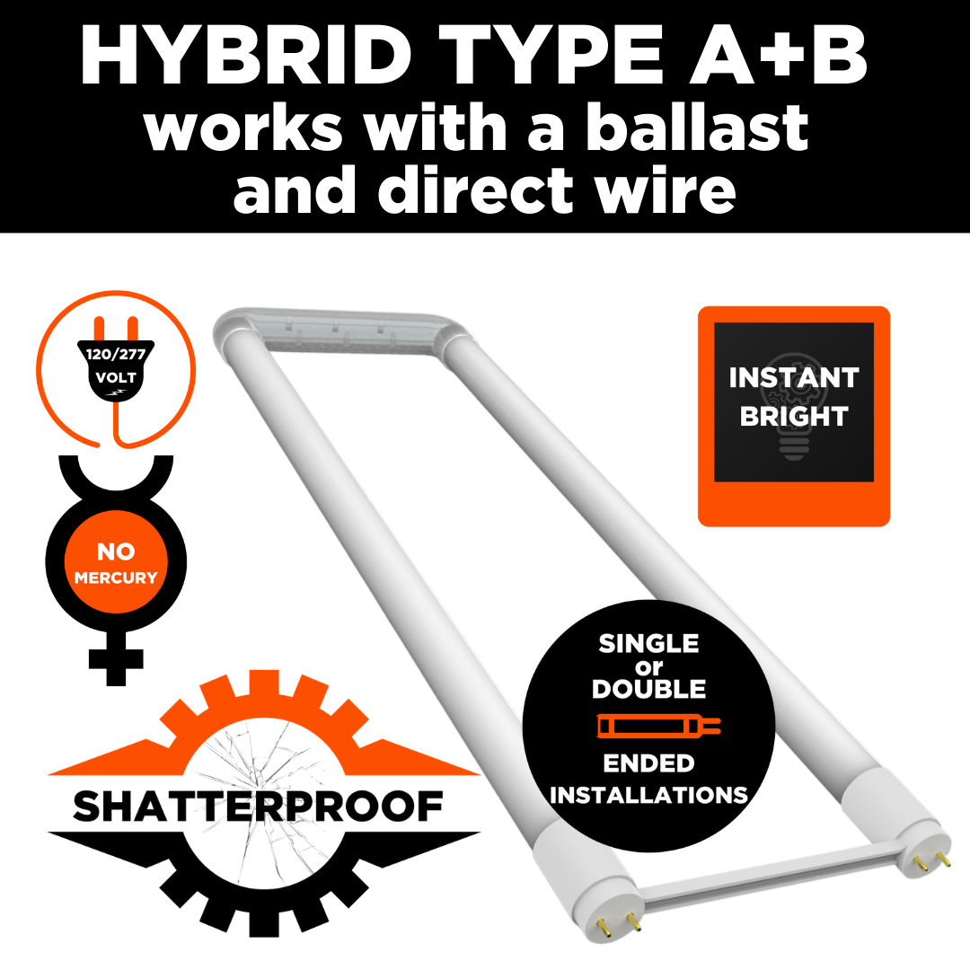 Shatterproof LED tube with no mercury and can be installed single or double ended.
