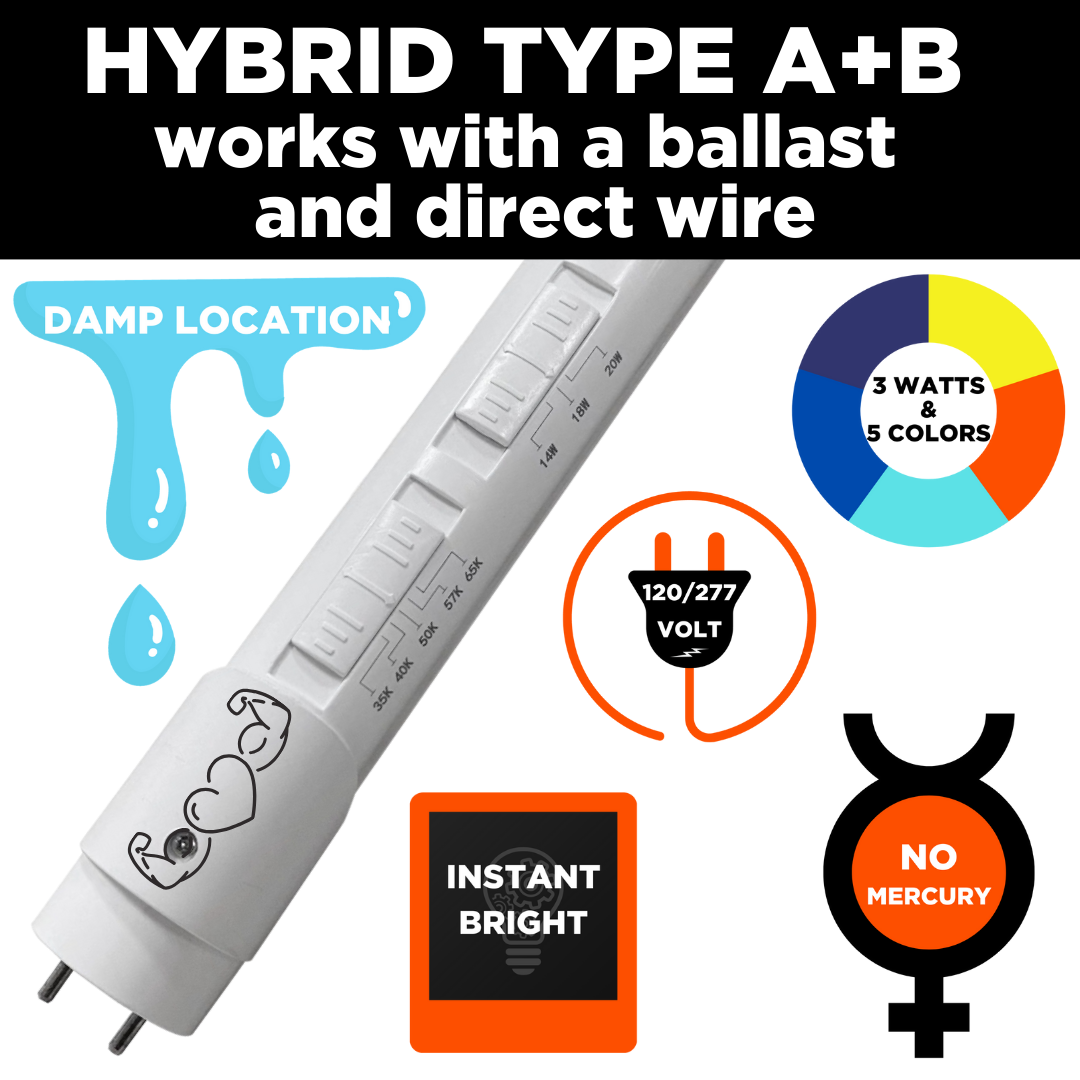 Select wattage, lumens, and kelvin temperature LED T8. Works with a ballast and direct wire.