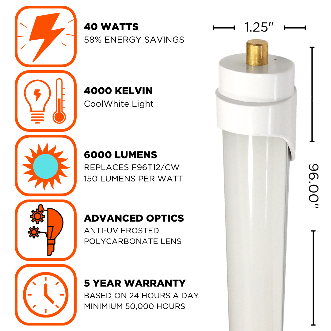 Extreme life rough service single pin 8 foot LED T8 Non-dimmable. 6000 lumens with advanced optics.