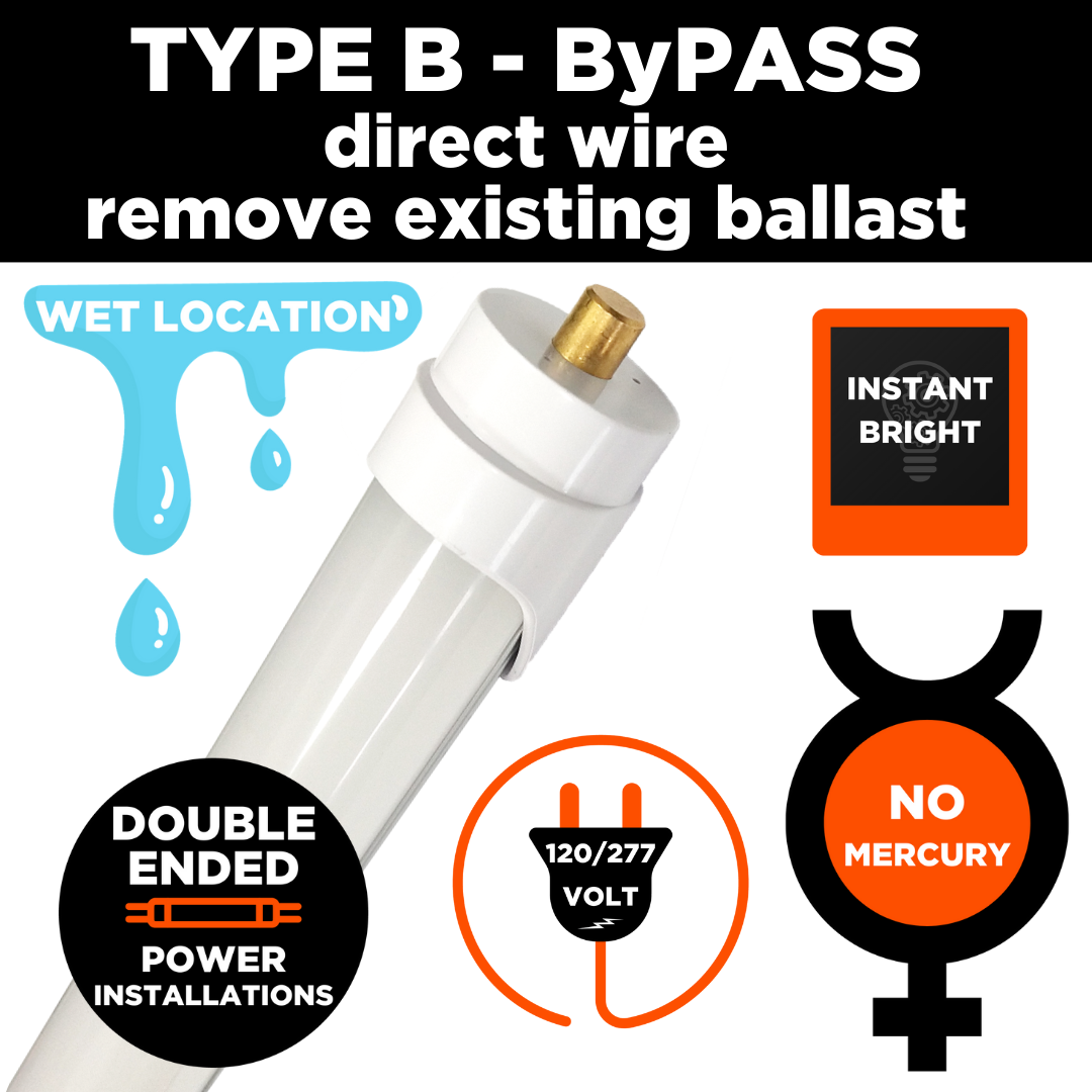 Platinum white light extreme life rough service single pin LED T8. Direct wire remove existing ballast.