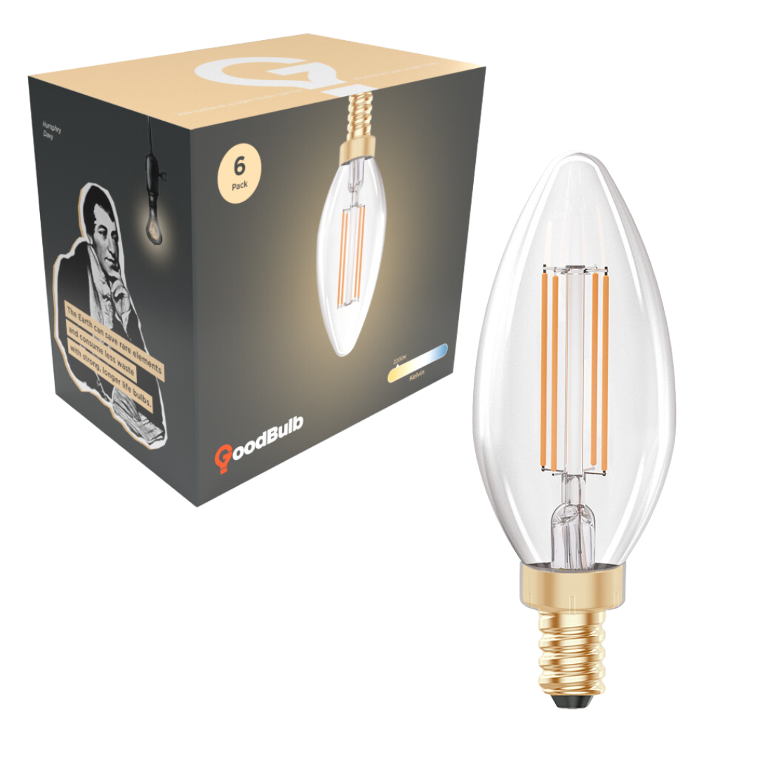 Crystal LED E12 light bulb for Chandeliers. Has a retro style and emits a incandescent sparkle showcasing box.