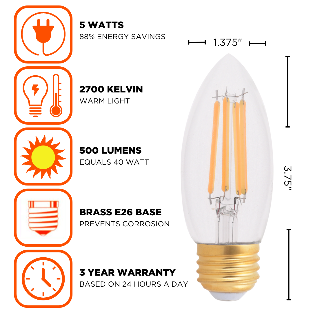 Brass E26 bass chandelier bulb, 5 watts emitting 500 lumens with a 2700 kelvin temperature.