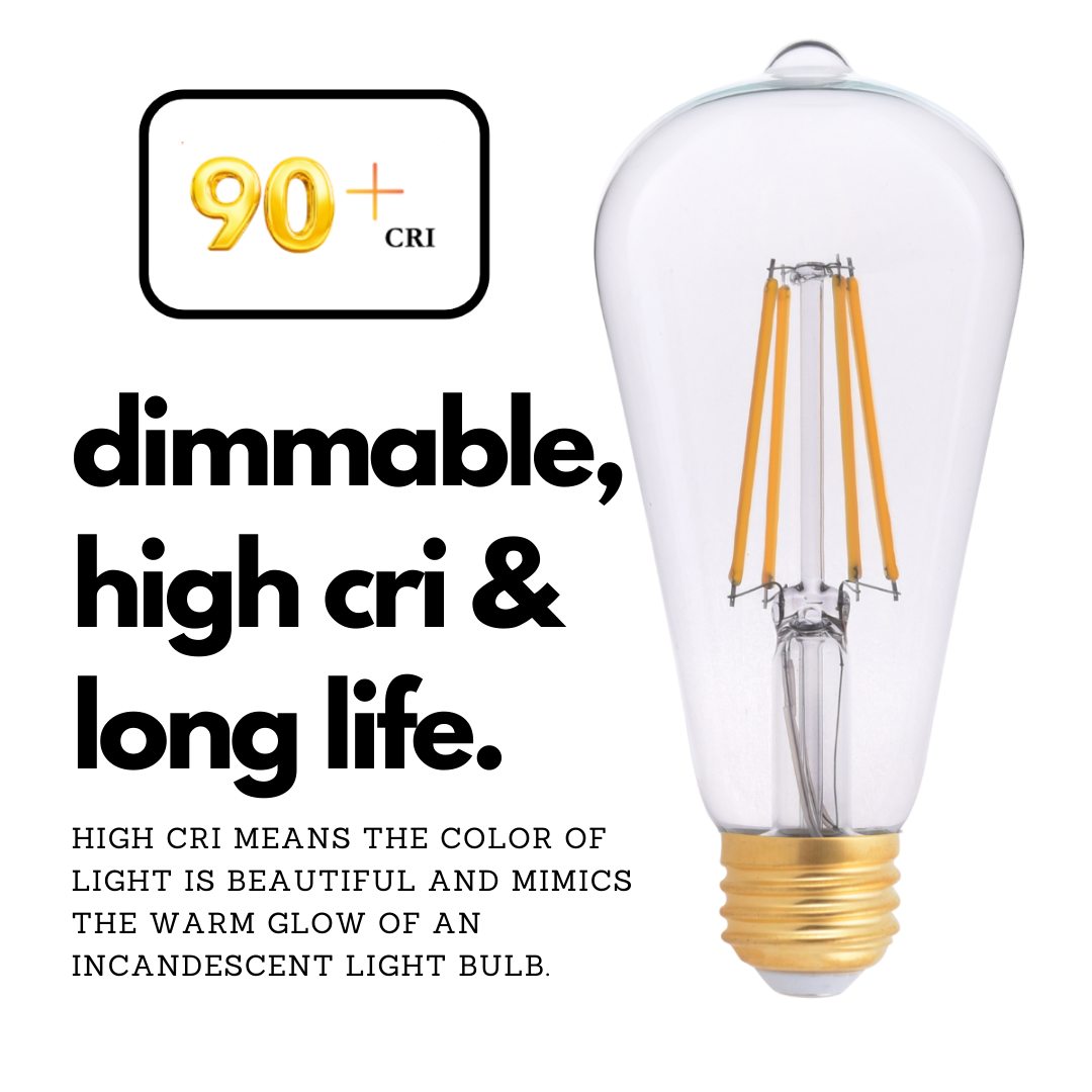 High CRI 2700k LEDs with incandescent illumination. This is a dimmable light bulb and has a long life.